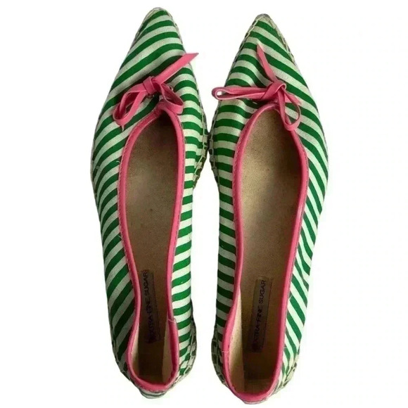 Extra-fine Sugar Espadrilles Size 6 Green/White Stripe with Pink Bow Flats - Picture 4 of 16